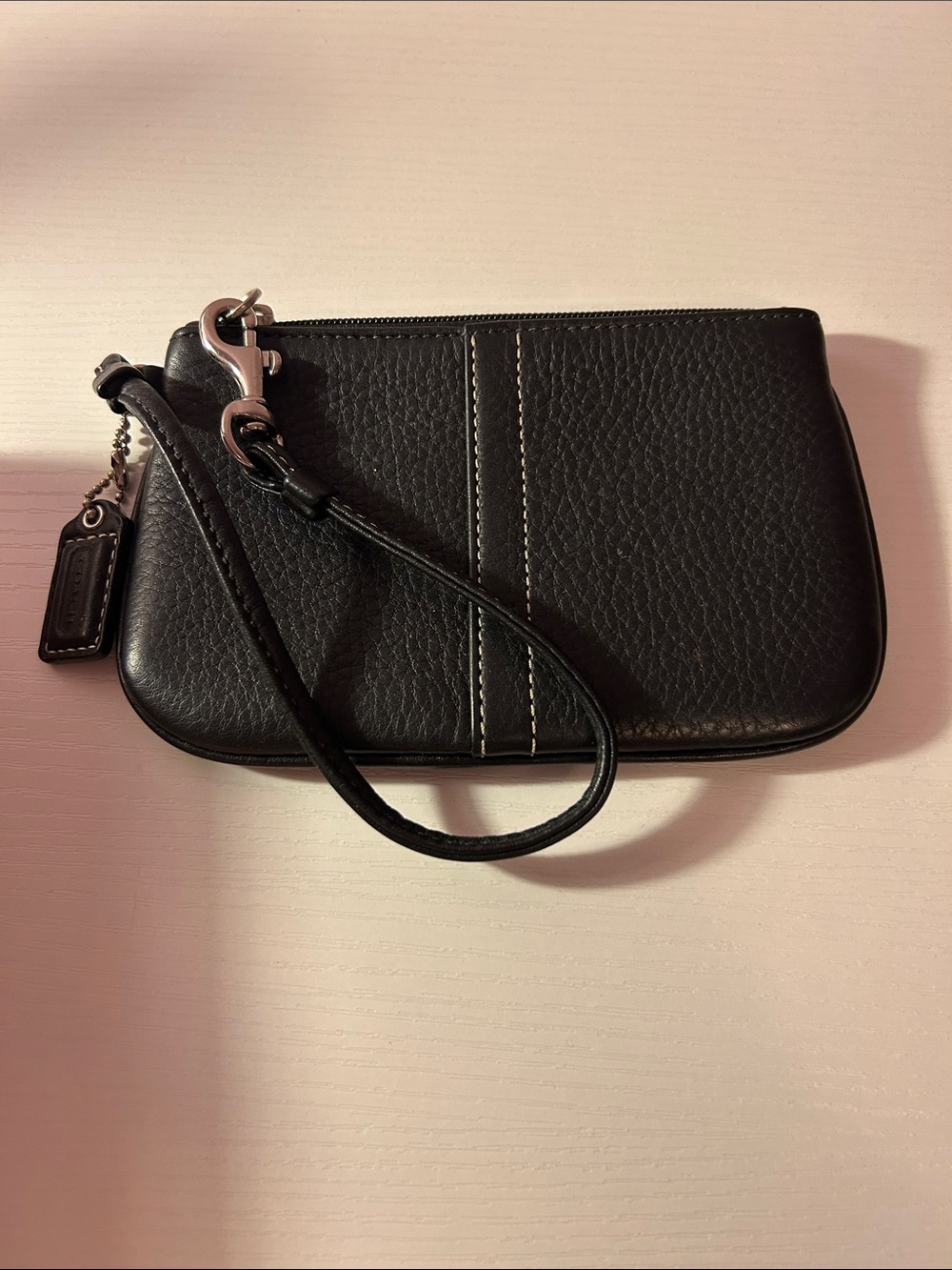 Coach Black Pebbled Leather Wristlet with White Contrast Stitching
